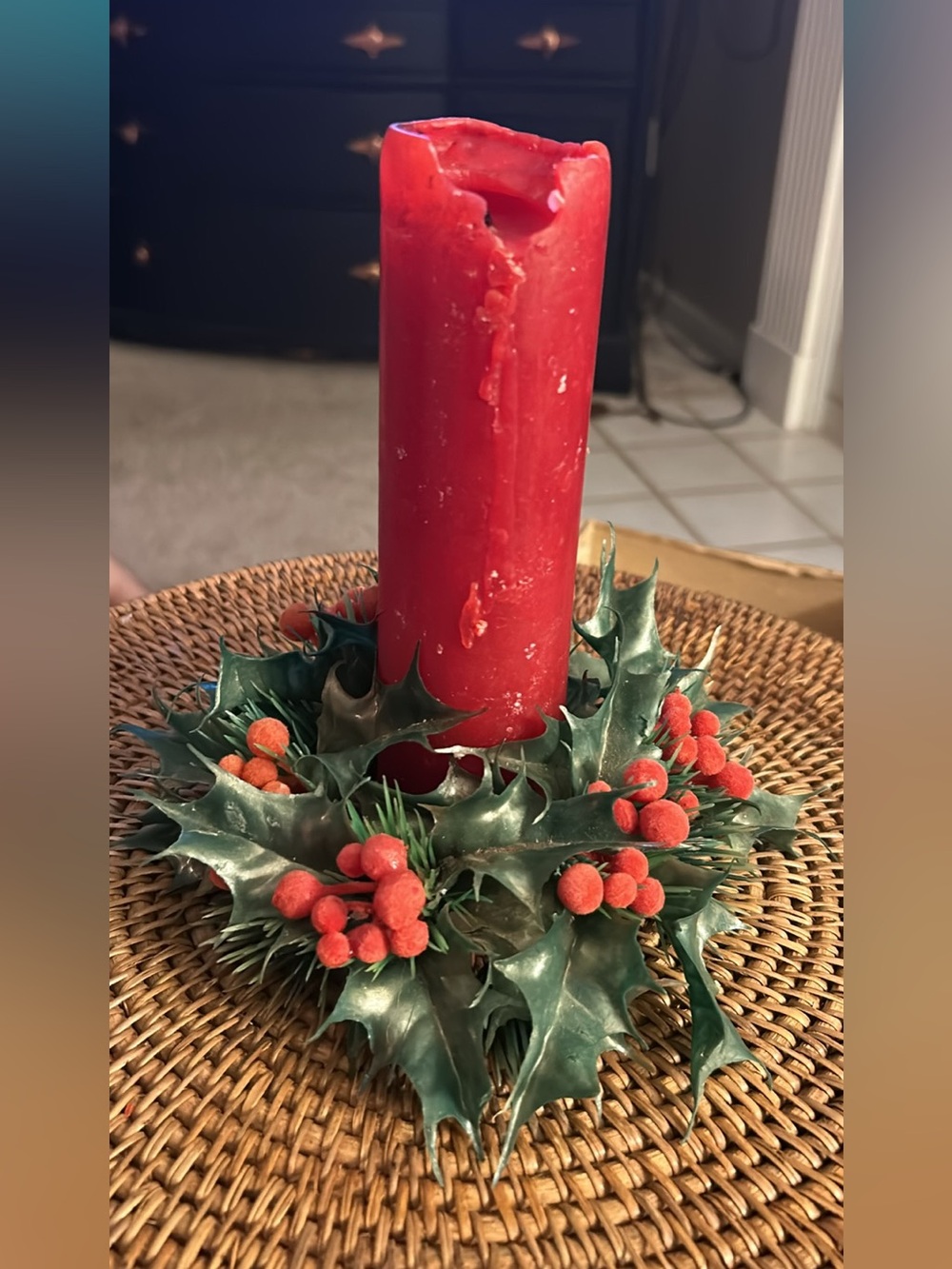 Vintage Holiday Pillar Candle with Green Holly Ring with original box